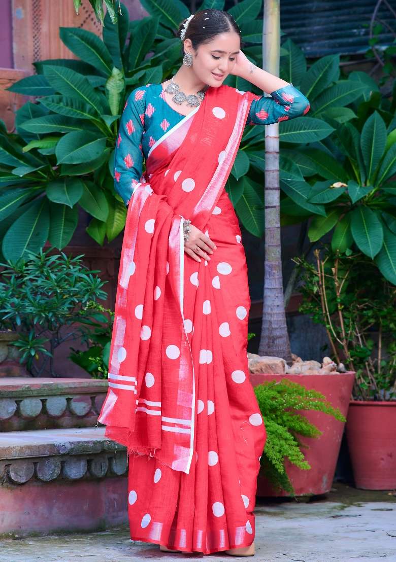 Red Printed Cotton Linen Saree Set - Indya