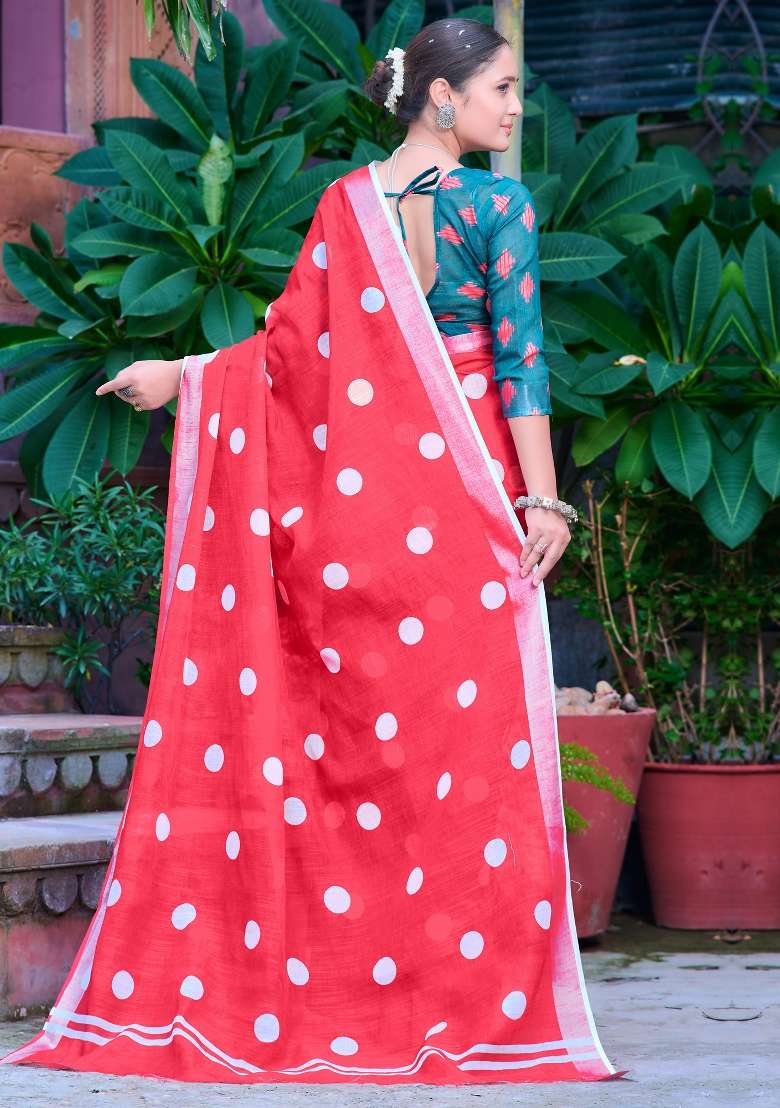 Red Printed Cotton Linen Saree Set - Indya