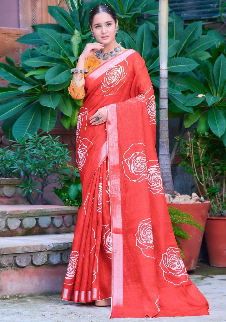 Red Printed Cotton Linen Saree Set - Indya