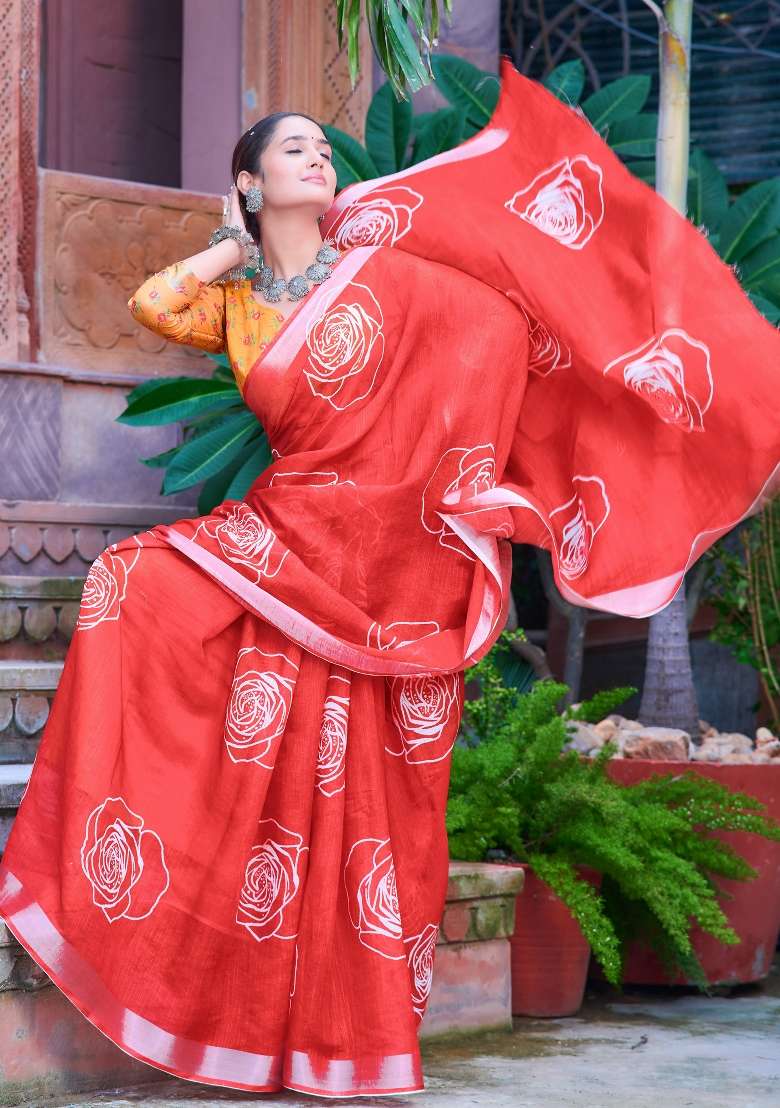 Red Printed Cotton Linen Saree Set - Indya