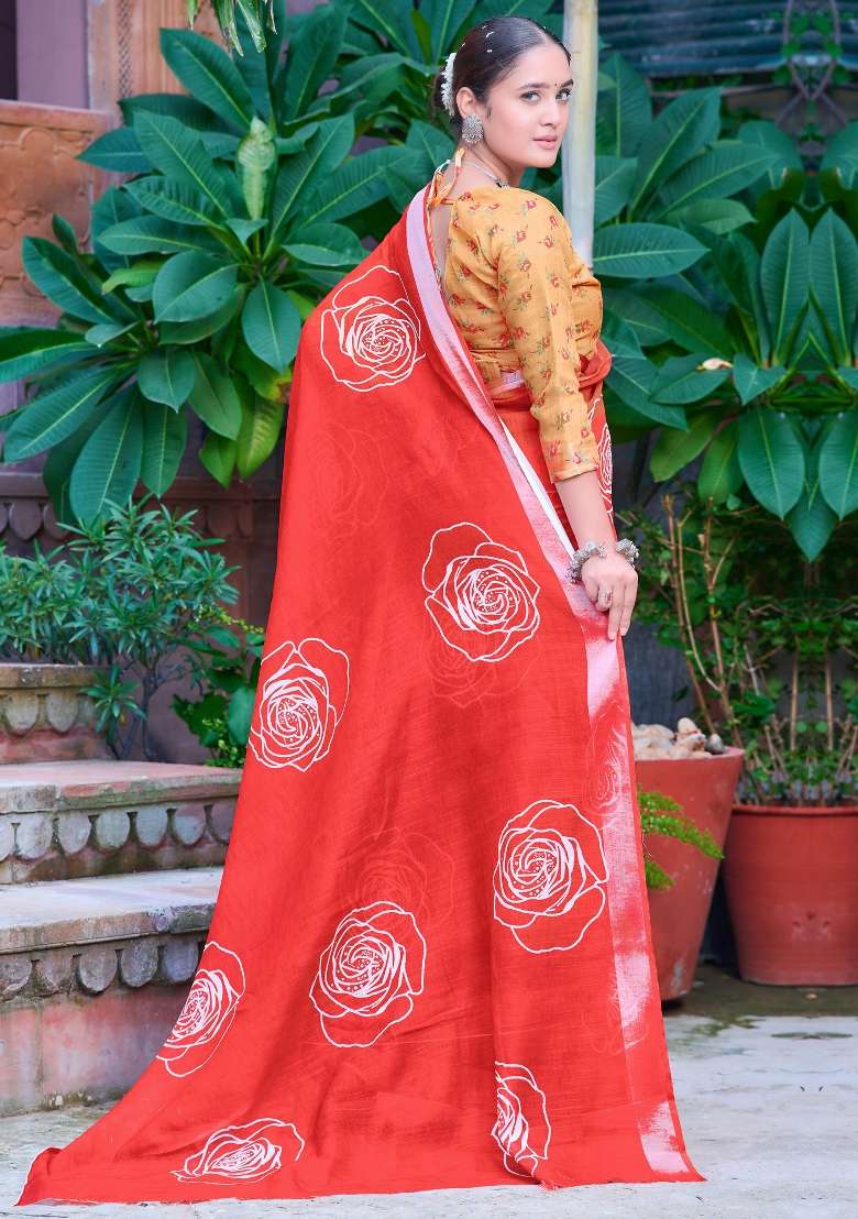 Red Printed Cotton Linen Saree Set - Indya