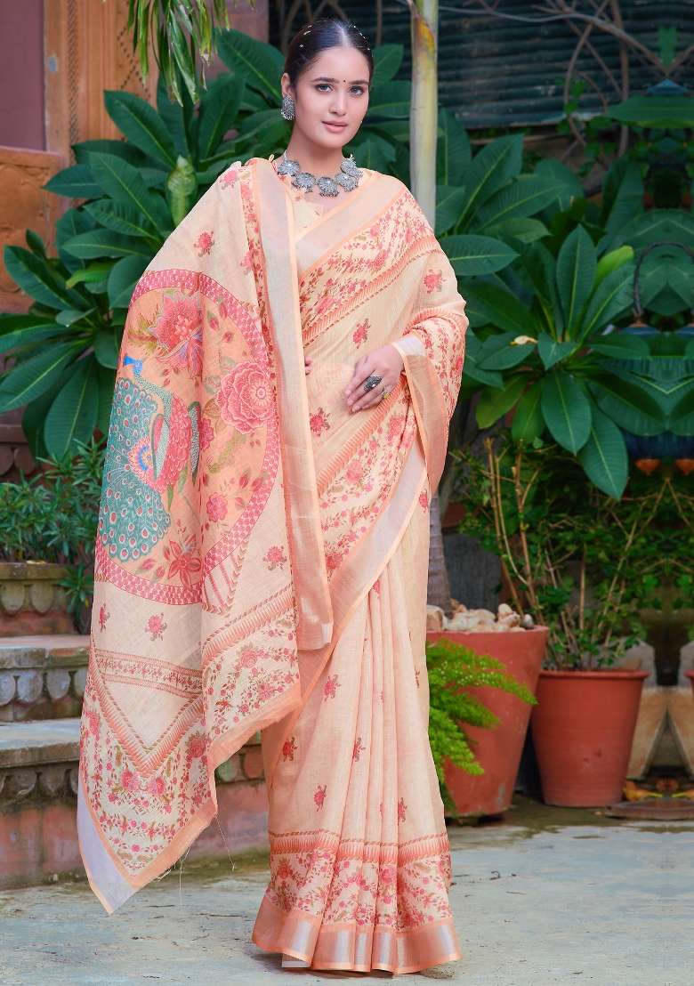 Yellow Printed Cotton Linen Saree Set - Indya