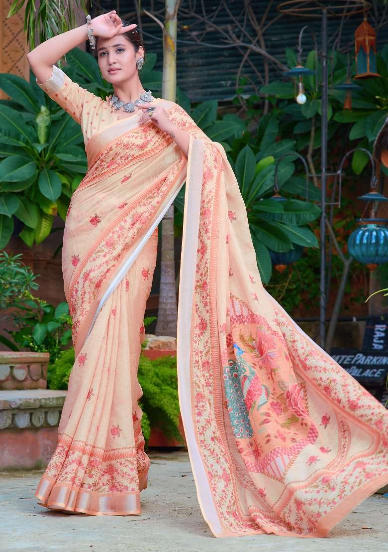 Yellow Printed Cotton Linen Saree Set - Indya