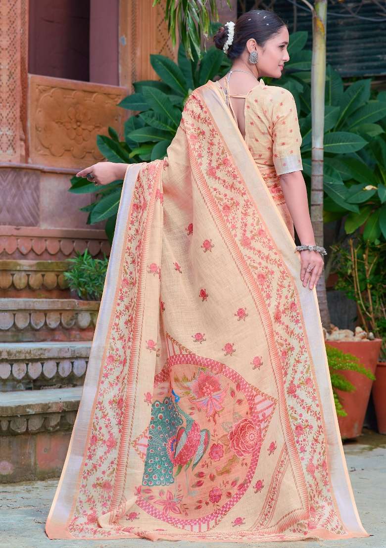 Yellow Printed Cotton Linen Saree Set - Indya