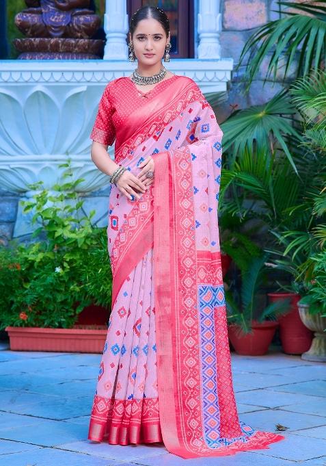 Pink Printed Cotton Linen Saree Set — view on Indya