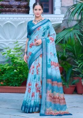 Light Blue Printed Cotton Linen Saree Set
