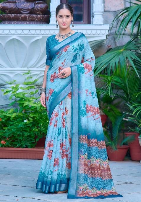 Light Blue Printed Cotton Linen Saree Set — view on Indya