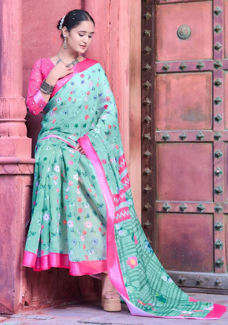 Sea Green Linen Cotton Saree Set with Printed for Diwali | Wedding & Festive Wear - Indya