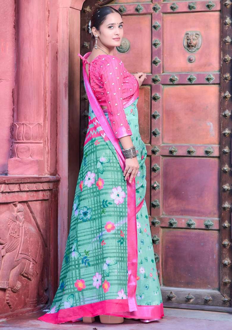 Sea Green Linen Cotton Saree Set with Printed for Diwali | Wedding & Festive Wear - Indya