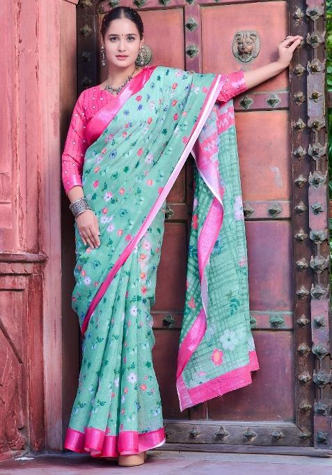 Sea Green Printed Cotton Linen Saree Set — view on Indya