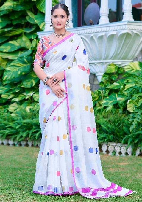 White Printed Cotton Linen Saree Set