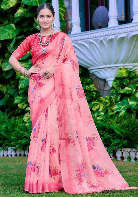 Pink Printed Cotton Linen Saree Set