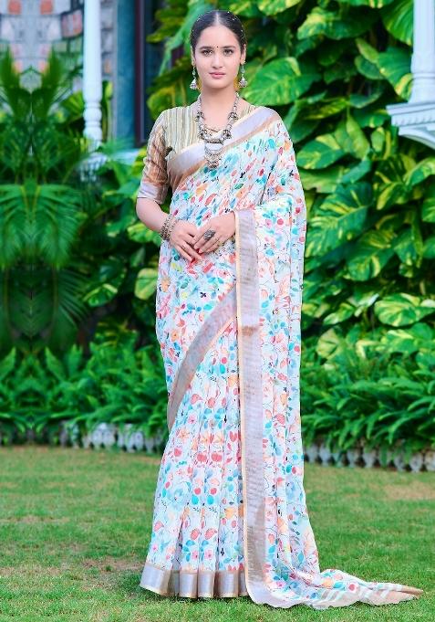White Printed Cotton Linen Saree Set