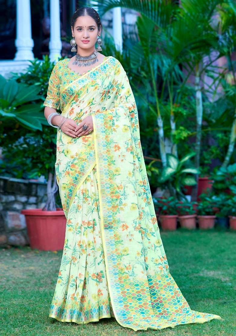 Light Green Printed Cotton Linen Saree Set for Diwali and Festive Wear - Indya