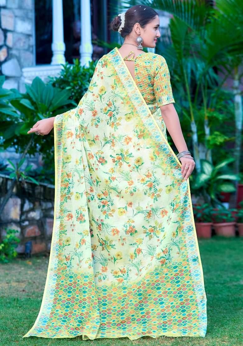 Light Green Printed Cotton Linen Saree Set for Diwali and Festive Wear - Indya