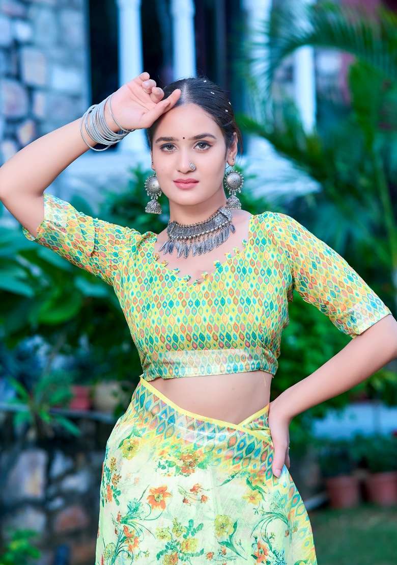 Light Green Printed Cotton Linen Saree Set for Diwali and Festive Wear - Indya