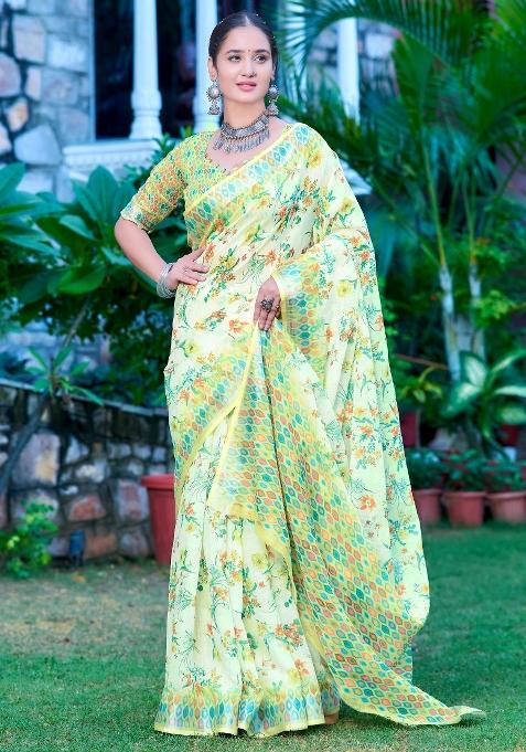 Light Green Printed Cotton Linen Saree Set — view on Indya