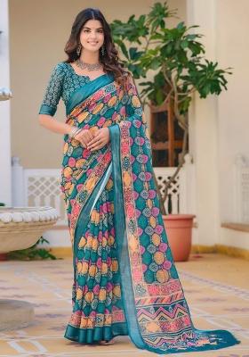 Teal Blue Printed Cotton Linen Saree Set