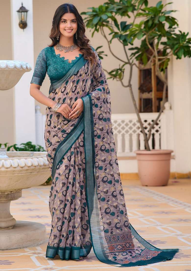Violet Printed Cotton Linen Saree Set - Indya