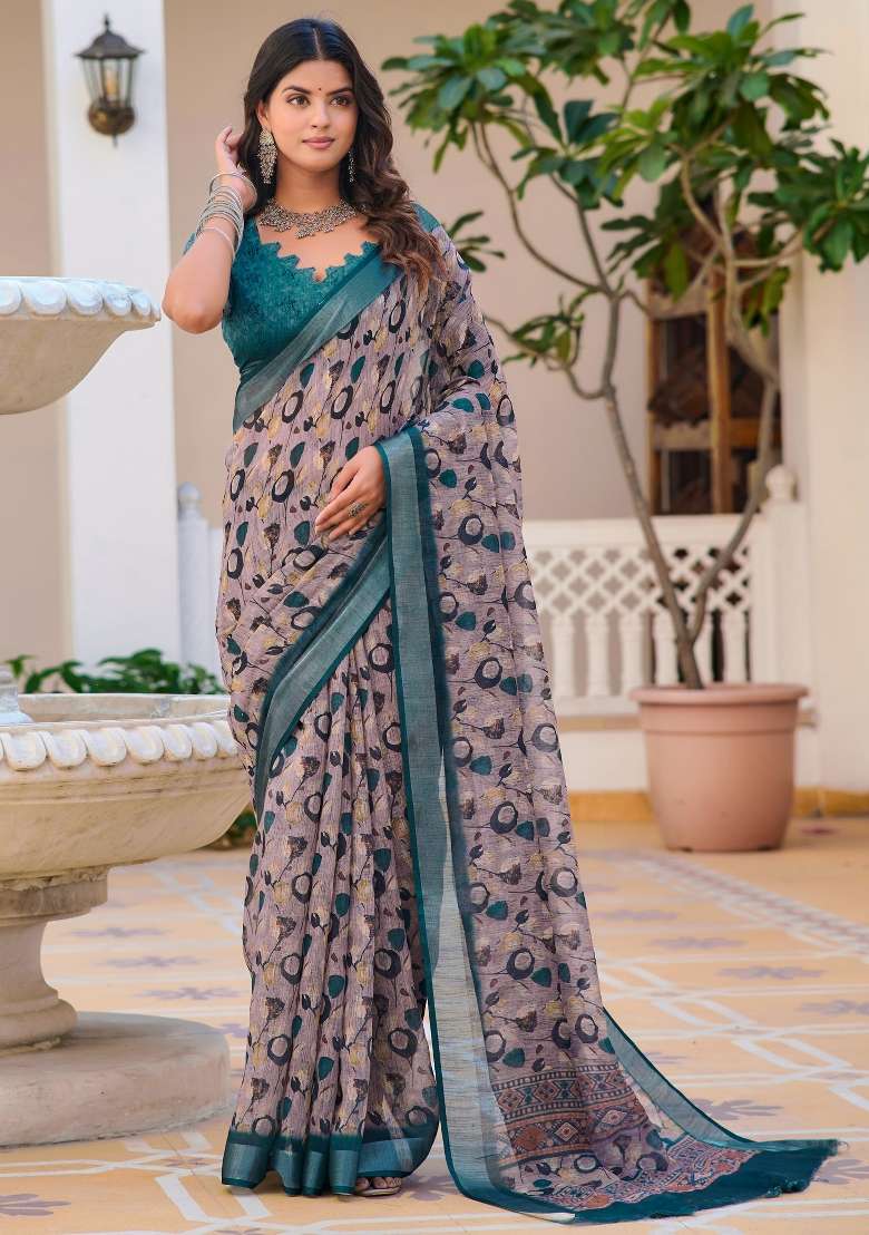 Violet Printed Cotton Linen Saree Set - Indya