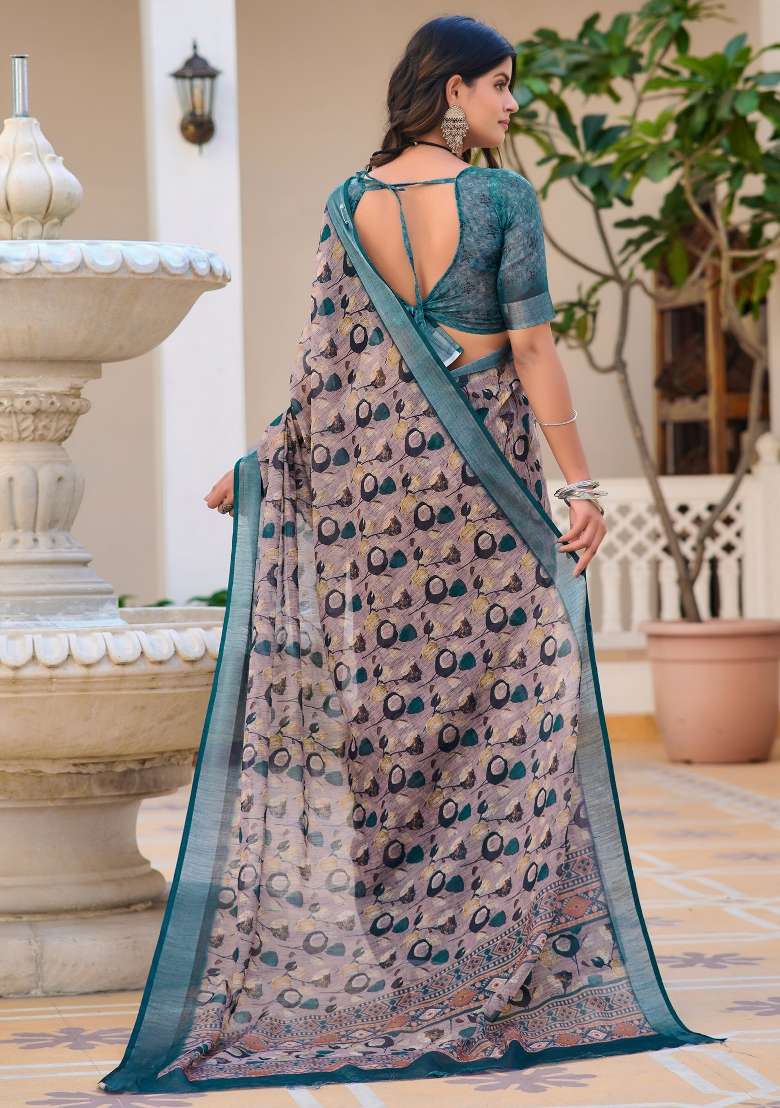 Violet Printed Cotton Linen Saree Set - Indya
