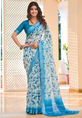 Off White Printed Cotton Linen Saree Set