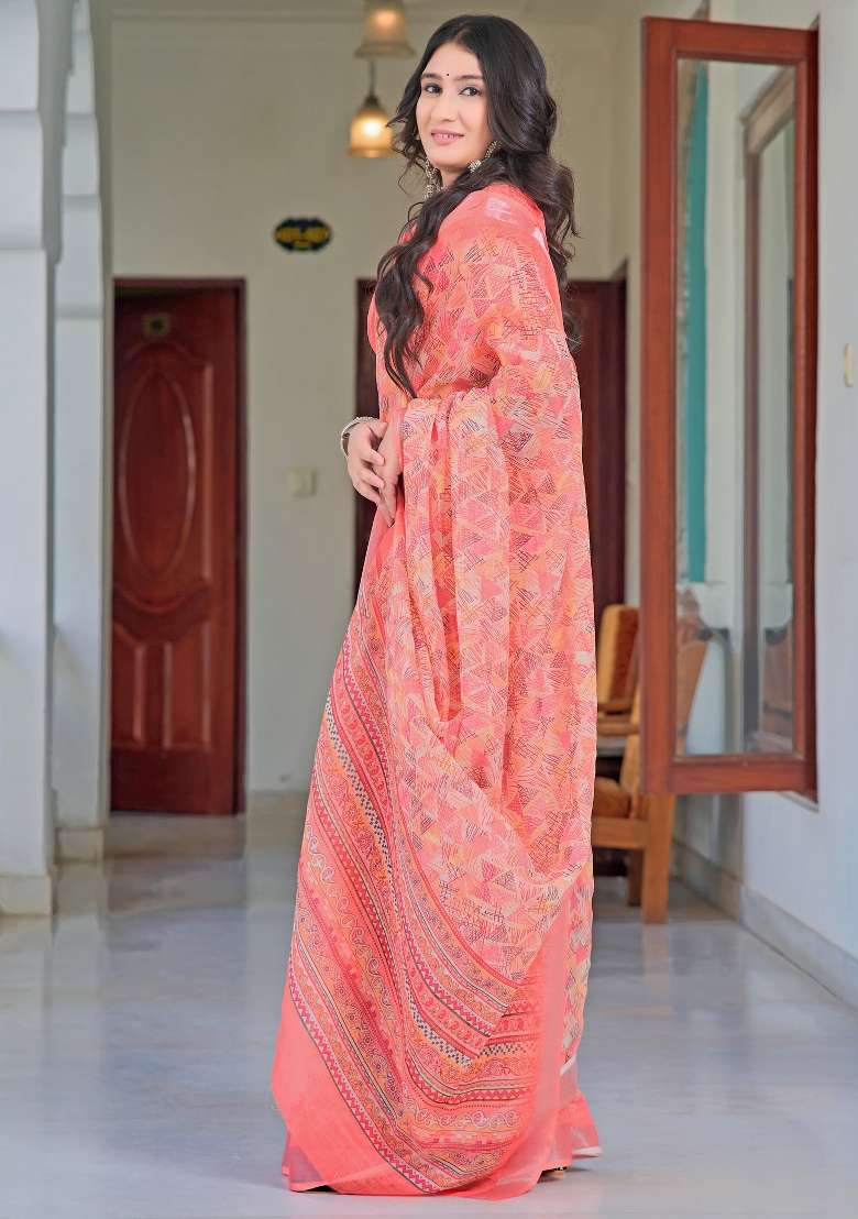 Peach Printed Cotton Linen Saree Set - Indya