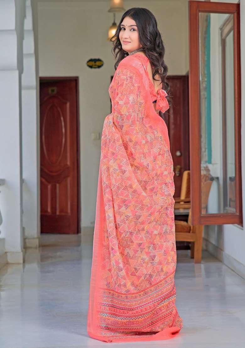 Peach Printed Cotton Linen Saree Set - Indya