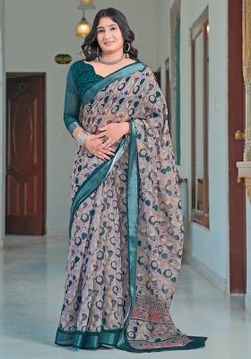 Violet Printed Cotton Linen Saree Set