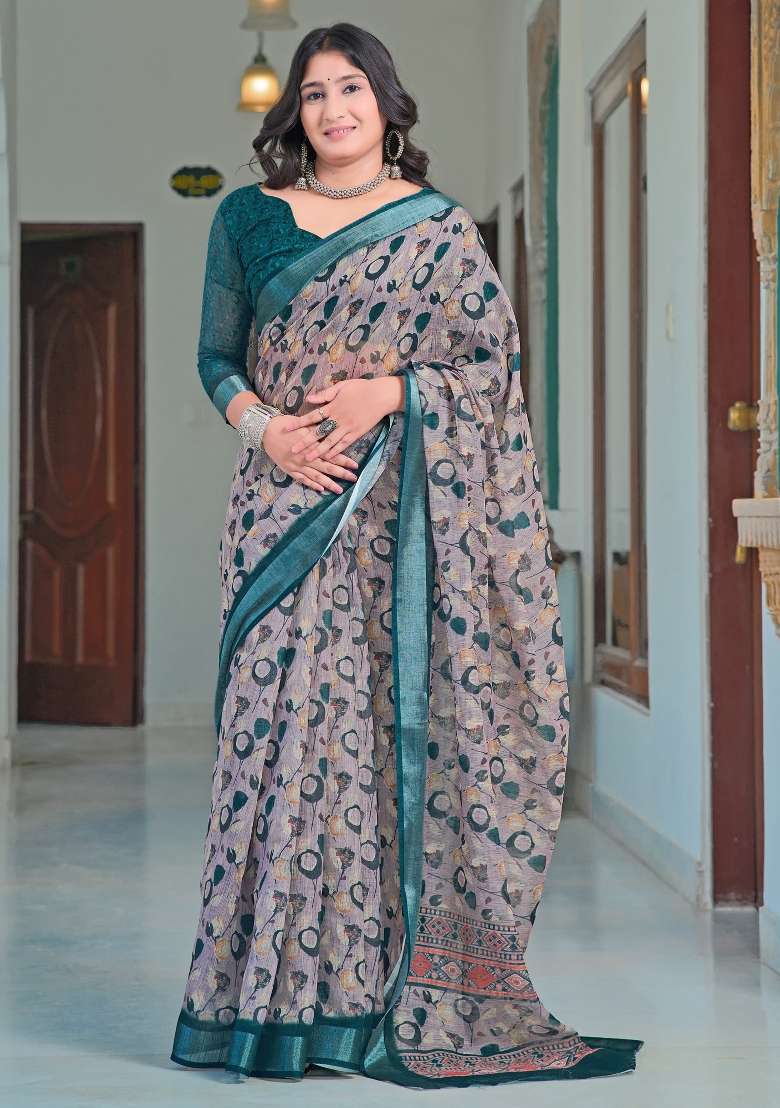 Violet Printed Cotton Linen Saree Set for Diwali and Festive Wear - Indya