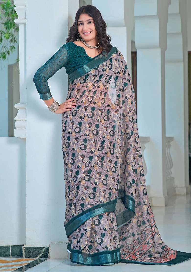 Violet Printed Cotton Linen Saree Set for Diwali and Festive Wear - Indya
