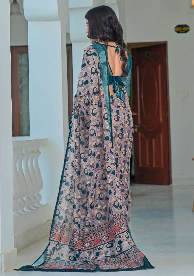 Violet Printed Cotton Linen Saree Set for Diwali and Festive Wear - Indya
