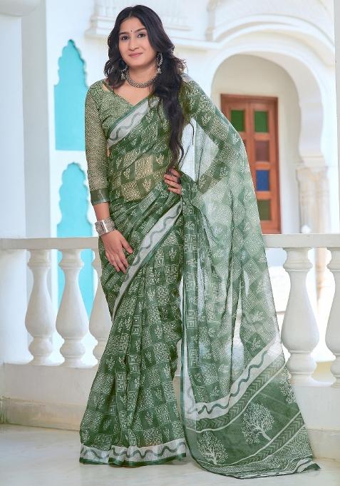 Green Printed Cotton Linen Saree Set — view on Indya