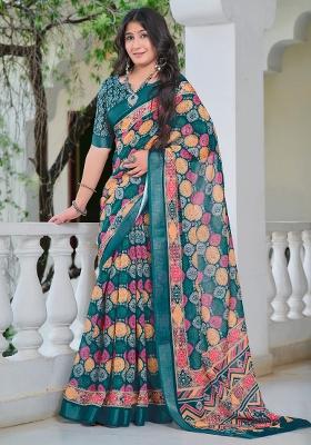 Teal Blue Printed Cotton Linen Saree Set