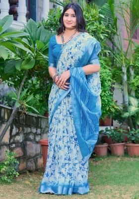 Off White Printed Cotton Linen Saree Set