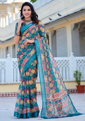 Teal Blue Printed Cotton Linen Saree Set