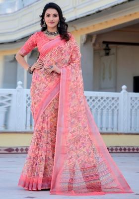 Peach Printed Cotton Linen Saree Set