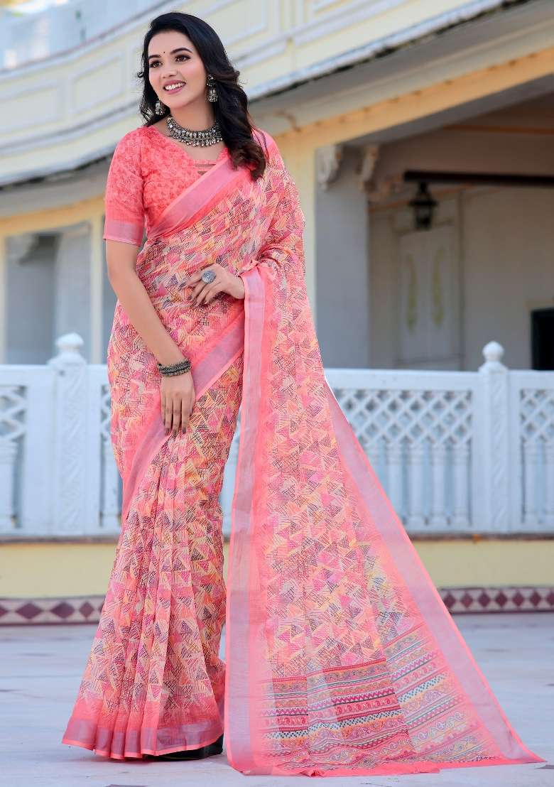 Peach Printed Cotton Linen Saree Set - Indya