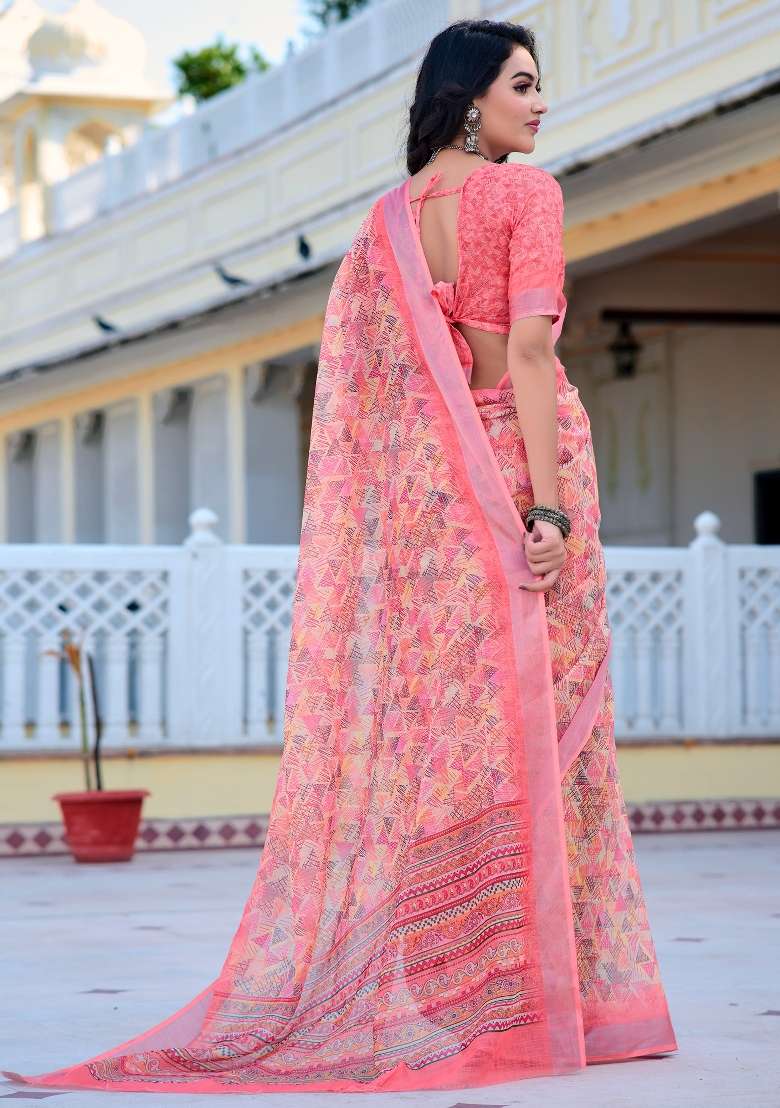 Peach Printed Cotton Linen Saree Set - Indya
