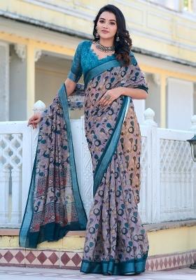 Violet Printed Cotton Linen Saree Set