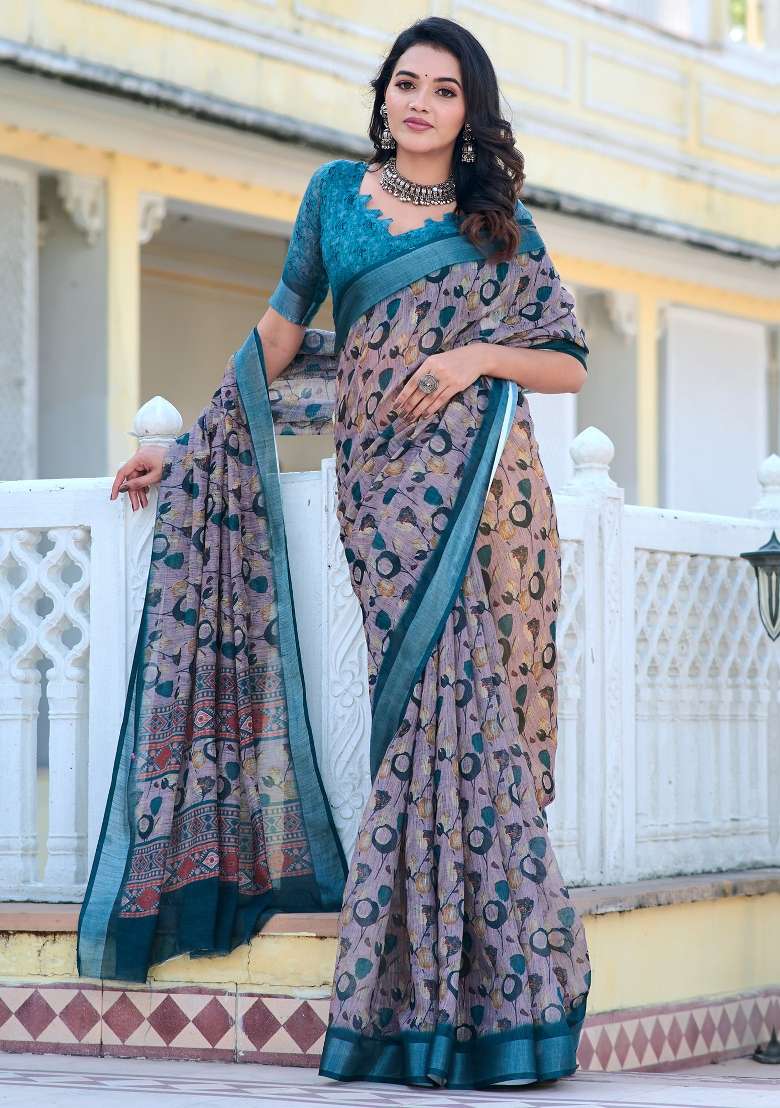 Violet Printed Cotton Linen Saree Set - Indya
