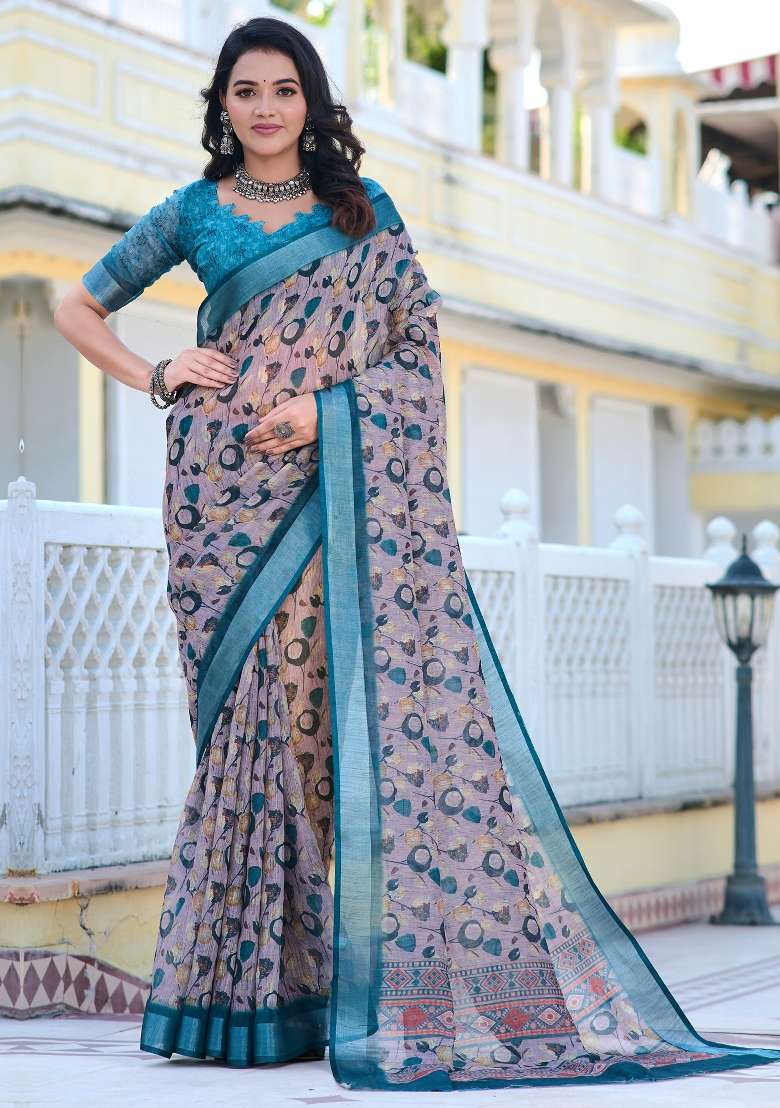 Violet Printed Cotton Linen Saree Set - Indya