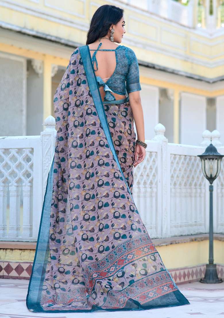Violet Printed Cotton Linen Saree Set - Indya