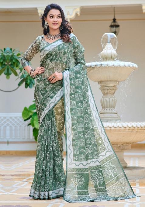 Green Printed Cotton Linen Saree Set — view on Indya