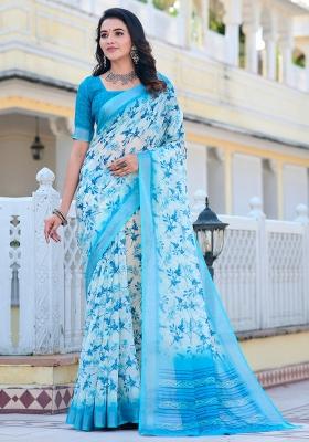 Off White Printed Cotton Linen Saree Set