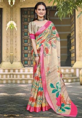 Beige Printed Cotton Linen Saree Set