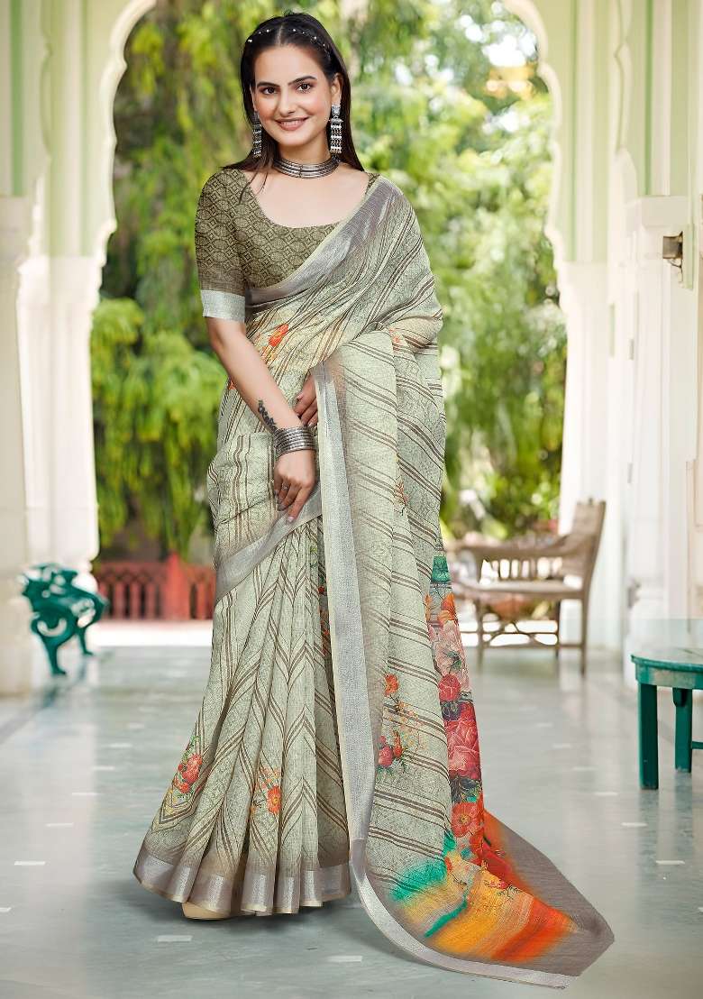 Light Green Printed Cotton Linen Saree Set - Indya