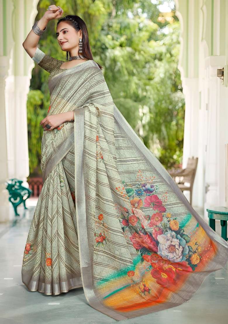 Light Green Printed Cotton Linen Saree Set - Indya