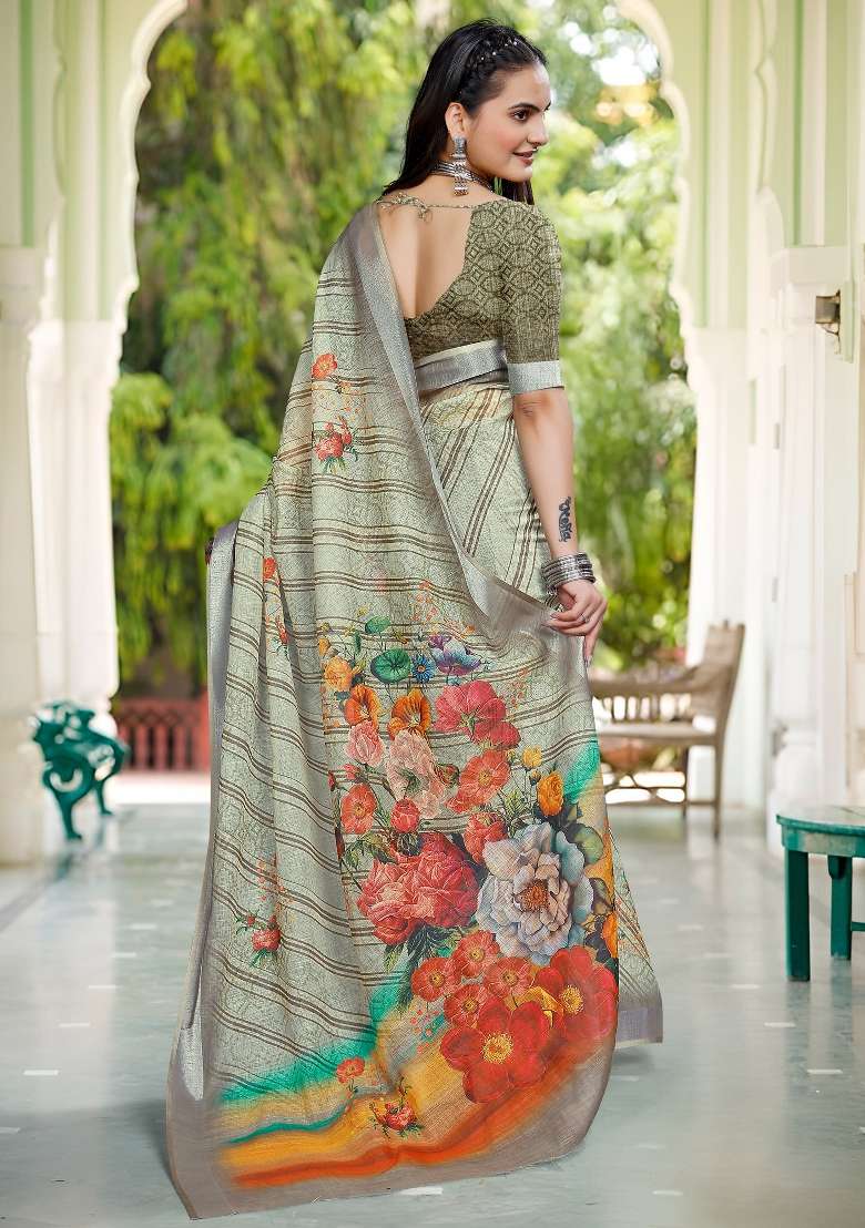Light Green Printed Cotton Linen Saree Set - Indya