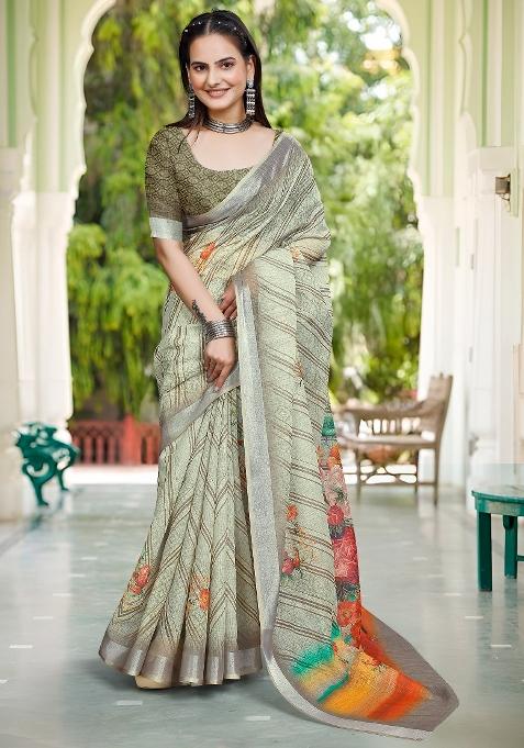 Light Green Printed Cotton Linen Saree Set — view on Indya